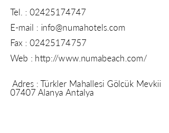 Numa Beach & Spa Hotel iletiim bilgileri